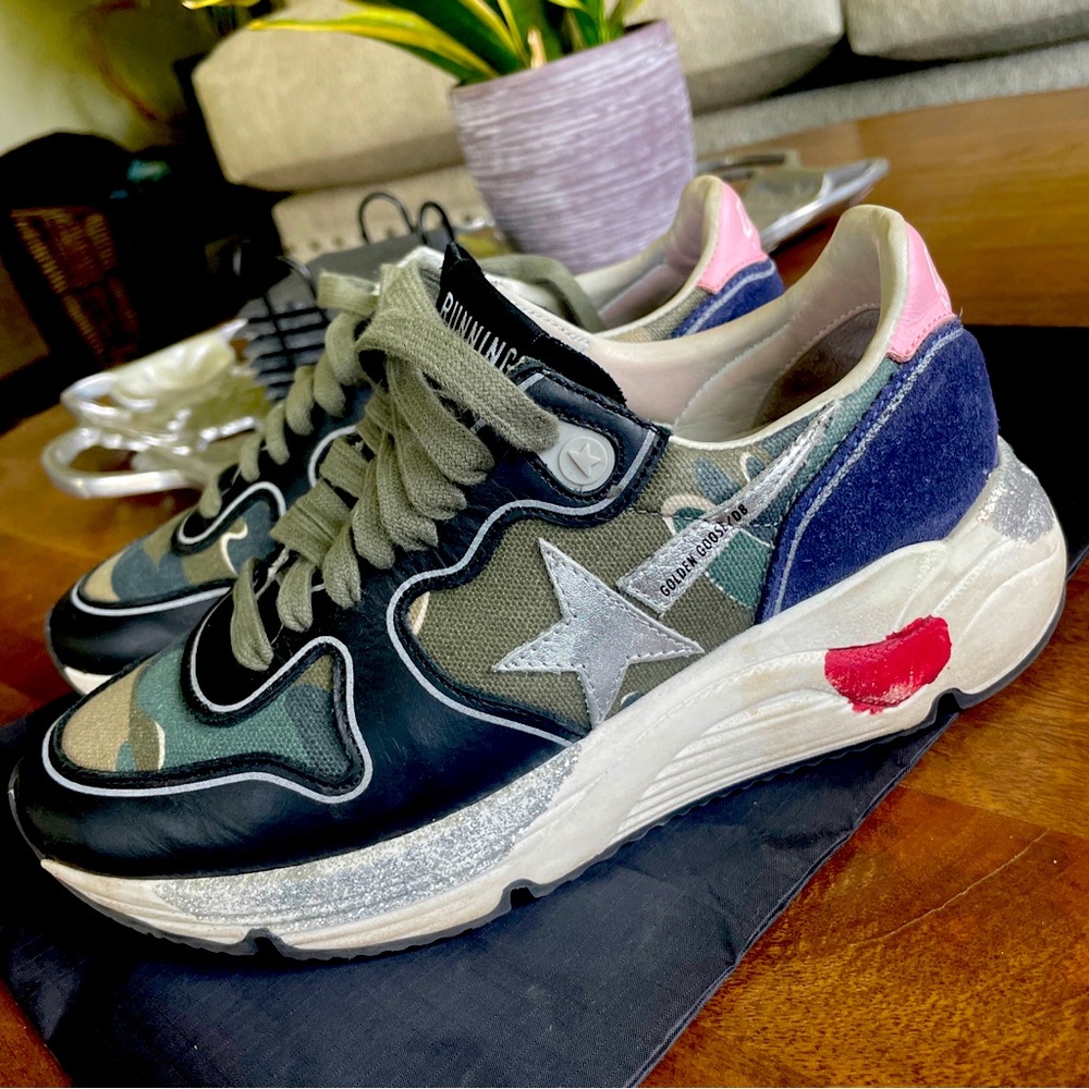 Golden Goose Running Sole GGDB Sneakers Size 36 Camo Green Black Trim Pink Heel
